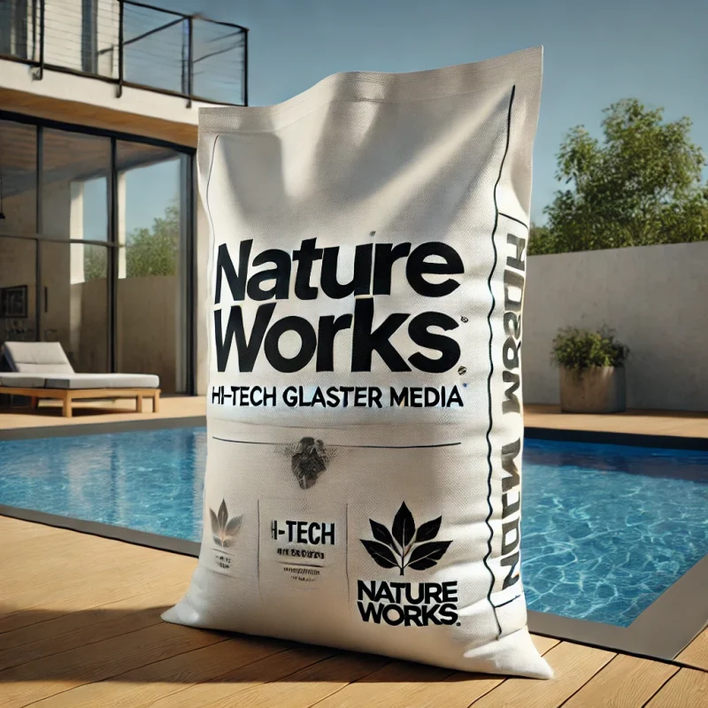 Szűrőközegek összehasonlítása. 1 DALL·E 2025 01 31 14.58.48 A large white bag labeled Nature Works with the text Hi Tech Glass Filter Media printed in dark bold lettering. The bag has a slightly wrinkled t