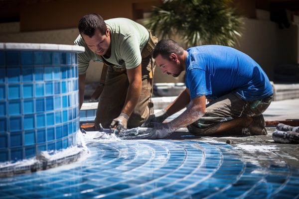 two men working installing blue tiles swimming pool 600x400 1