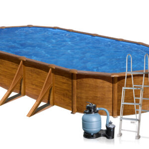 GRE ovális medenceszett famintás 730 x 375 x 120 cm homokszűrővel